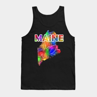 Colorful mandala art map of Maine with text in multicolor pattern Tank Top